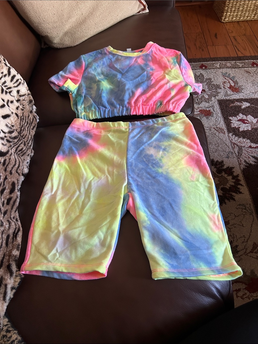 Fashion Nova  Neon Tie-Dye crop top and Bike Shorts Set - Pink, Yellow, Blue